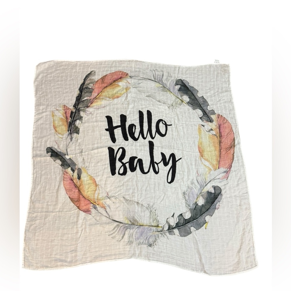 “Hello Baby” Feather Print Swaddle Blanket Soft Cotton Gender Neutral Baby